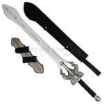 Auron Beast Master Masamune Sword replica with engraved stainless steel blade, black scabbard, and wooden wall display plaque.