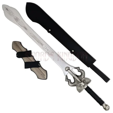 Auron Beast Master Masamune Sword replica with engraved stainless steel blade, black scabbard, and wooden wall display plaque.