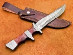 Dandmade Damascus Bowie Knife Rose Wood Handle Leather Sheath