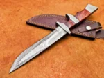 Dandmade Damascus Bowie Knife Rose Wood Handle Leather Sheath