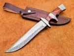 Dandmade Damascus Bowie Knife Rose Wood Handle Leather Sheath