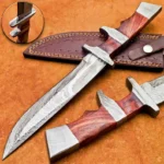 Dandmade Damascus Bowie Knife Rose Wood Handle Leather Sheath
