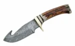 New Damascus Full Tang Guthook Knife Black & Orange Handle 9″