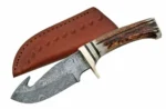 New Damascus Full Tang Guthook Knife Black & Orange Handle 9″