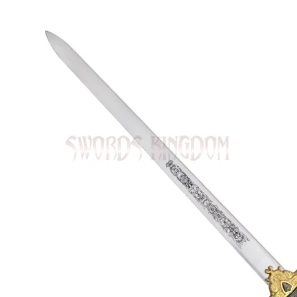 Detailed engraving artwork on the blade of the King Arthur Excalibur replica sword inspired by medieval legends.