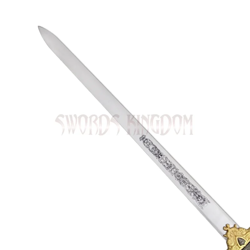Detailed engraving artwork on the blade of the King Arthur Excalibur replica sword inspired by medieval legends.