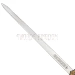 Close-up of King Arthur's Excalibur replica showing the engraved stainless steel blade with decorative medieval artwork.