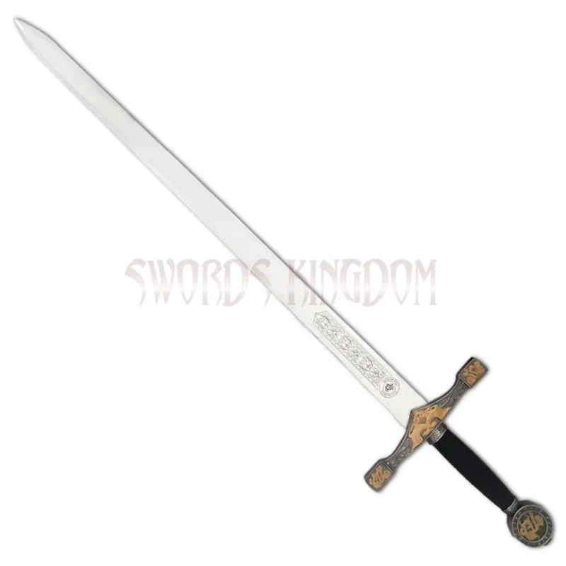 Full-length King Arthur's Excalibur sword replica featuring an engraved stainless steel blade and detailed medieval hilt.