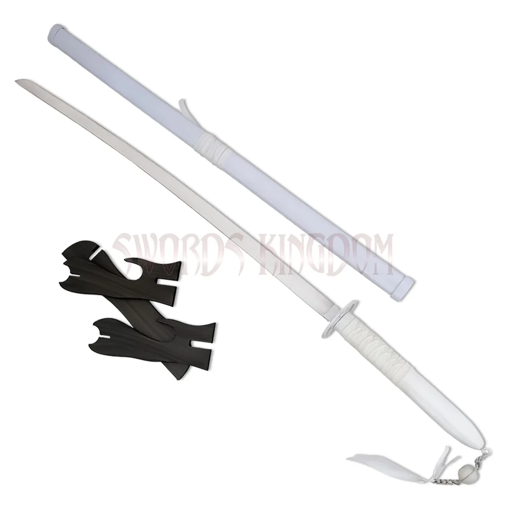 sode-no-shirayuki-anime-sword-with-scabbard-display-stand Sode no Shirayuki Anime Sword with matching white scabbard and display stand, inspired by the iconic anime design.