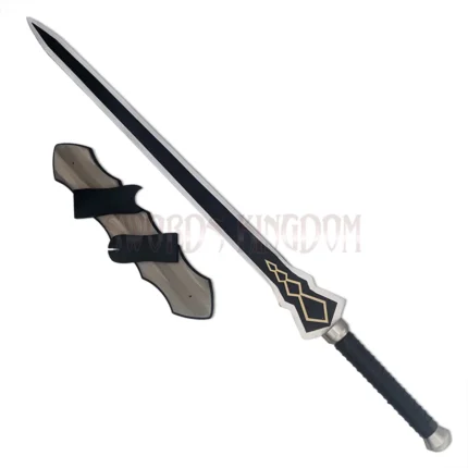 Yuuki Konno Sword Art Online anime sword replica with wooden wall display plaque and detailed black blade.