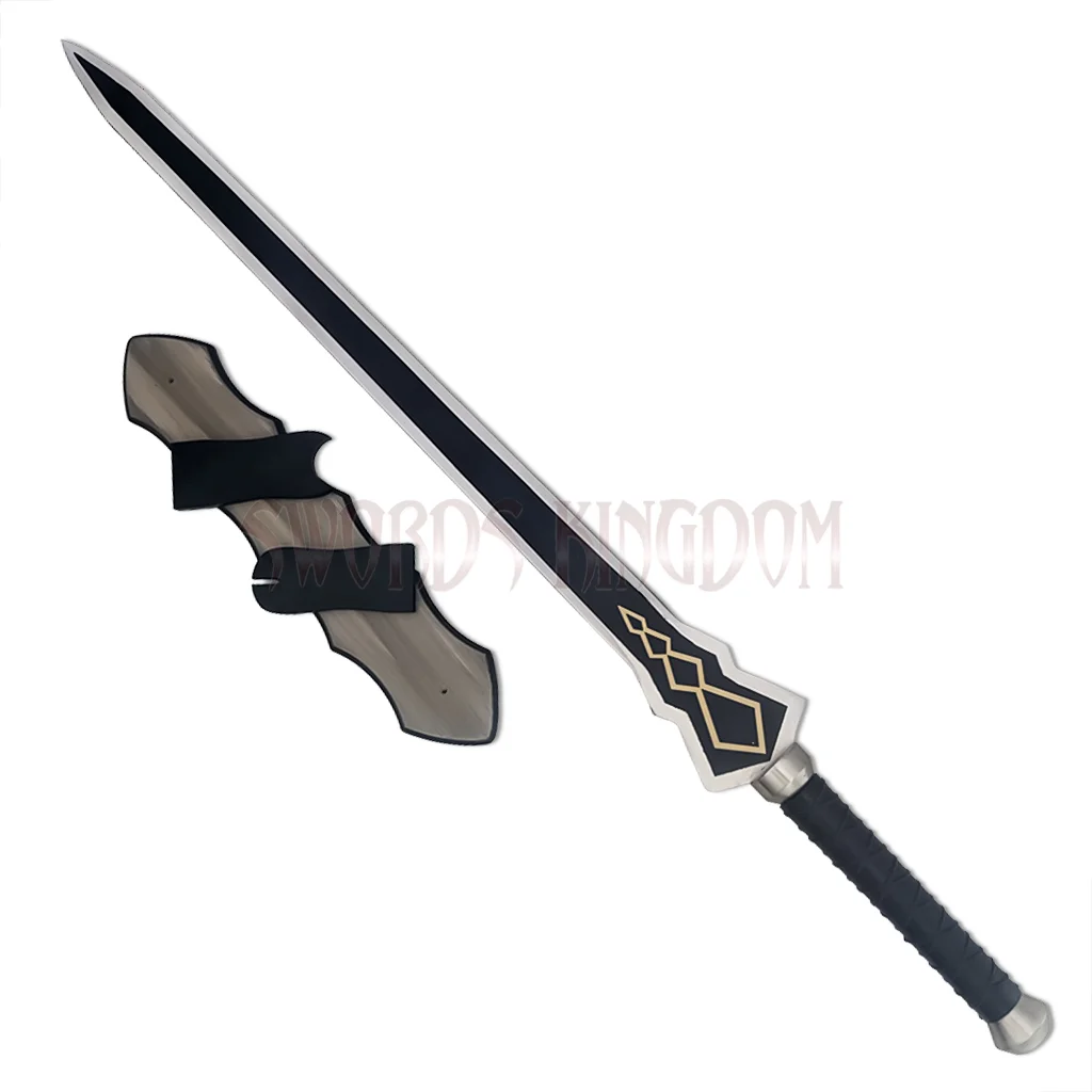 yuuki-konno-sword-art-online-anime-sword-with-wall-display. Yuuki Konno Sword Art Online anime sword replica with wooden wall display plaque and detailed black blade.