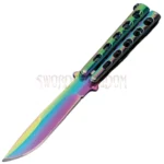 Slotted butterfly knife with skeletonized handle and latch lock