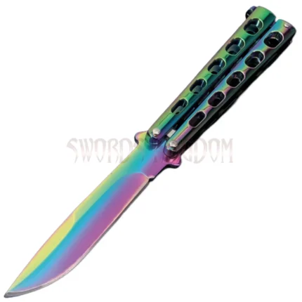 Slotted butterfly knife with skeletonized handle and latch lock