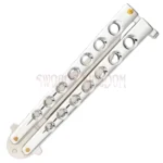 Silver Streak Butterfly knife featuring a lightweight skeletonized handle and silver finish