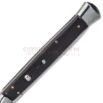 Black stiletto knife with push button opening mechanism