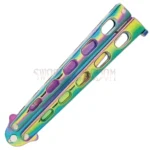 Butterfly knife featuring a slotted design, skeletonized handle, and latch lock