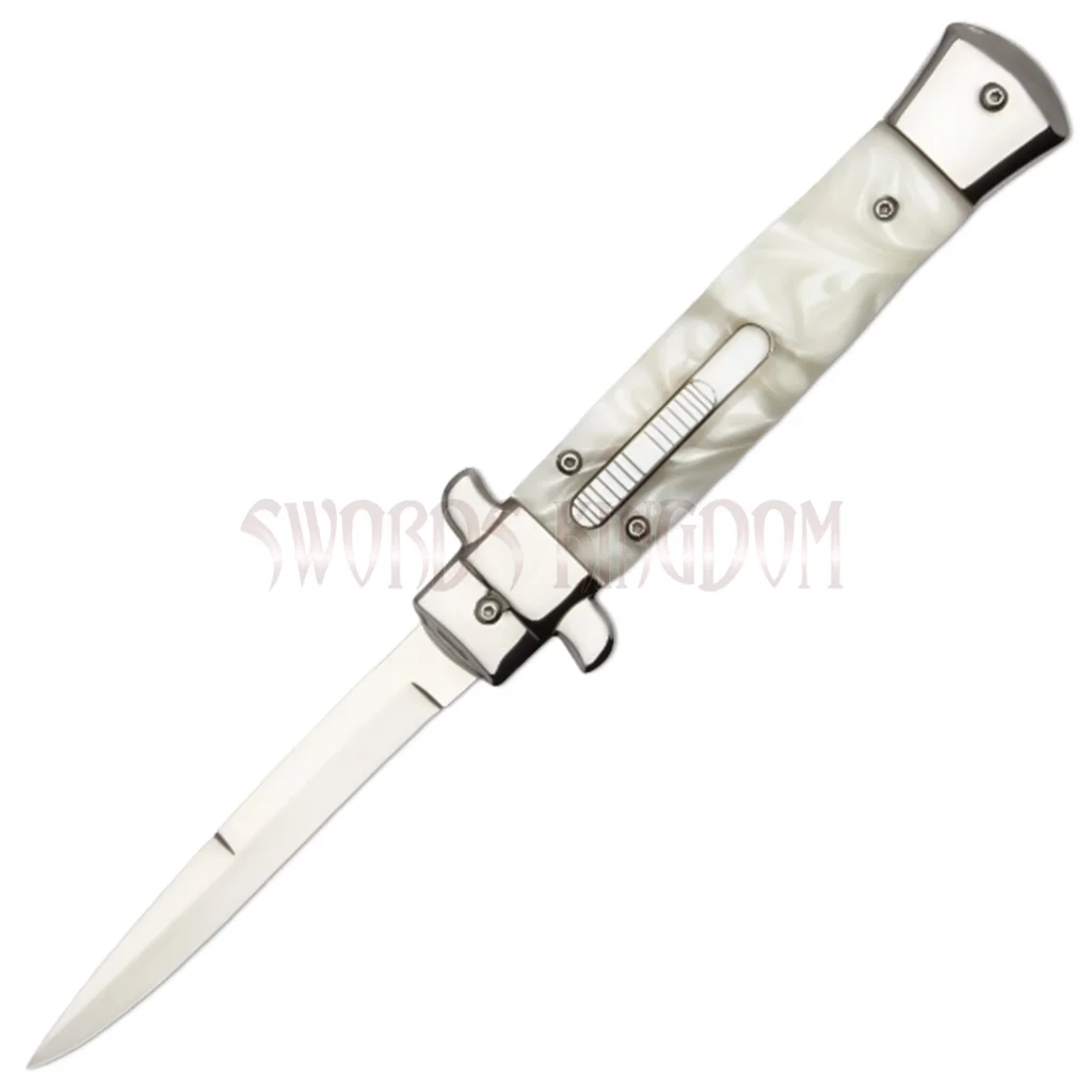 pearl-stiletto-automatic-otf-5-inch-knife-slide-trigger. Pearl Stiletto automatic OTF 5-inch knife with slide trigger