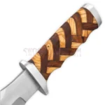 Handcrafted Bowie knife featuring a wood handle and sheath