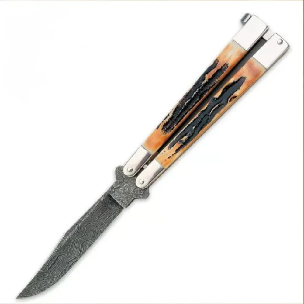 Bear India Stag Bone Butterfly Damascus Blade Knife (1) Bear India Stag Bone Butterfly Damascus Blade Knife