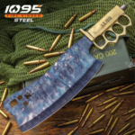 COMBAT CLEAVER TRENCH KNIFE AND SHEATH - FIRE KISSED 1095 CARBON STEEL BLADE, BRASS KNUCKLE GUARD HANDLE, DISTRESSED FINISH - LENGTH 15”