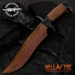 HIBBEN HELLFYRE HIGHLANDER BOWIE KNIFE WITH SHEATH - HELLFYRE DAMASCUS STEEL, WIRE-WRAPPED HANDLE, BLACK METAL POMMEL AND GUARD - LENGTH 13 1/2”