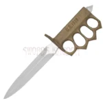 Hand holding the 1918 World War I Trench Knife Replica, showing the brass-coloured knuckle guard handle and curved blade.