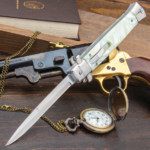 LARGE AUTOMATIC OTF PEARL STILETTO KNIFE – STAINLESS STEEL BLADE, FAUX PEARL HANDLE SCALES, SLIDE TRIGGER OPEN AND LOCK