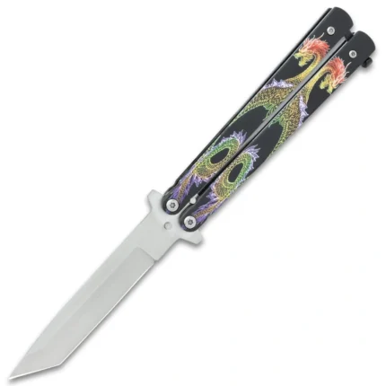 Twin Dragons Purple And Gold Butterfly Knife - Stainless Steel Blade, Aluminum Handle, Vivid Artwork, Latch Lock - Length 8 34”