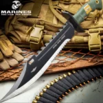 Usmc Marine Recon Sawback Survival Giant Fixed Blade Bowie Knife - Durable Nylon Belt Sheath - Green Handle Black Blade Stainless Steel