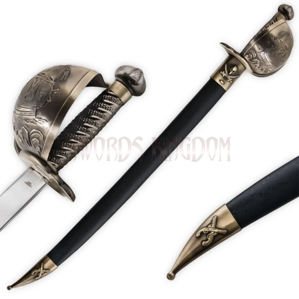 pirate-cutlass-sword-ship-hilt-scabbard. Pirate cutlass sword with ship hilt and scabbard