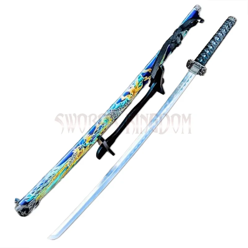 40″ Dragon Japanese Samurai Katana Sword displayed with its colourful dragon-themed scabbard.