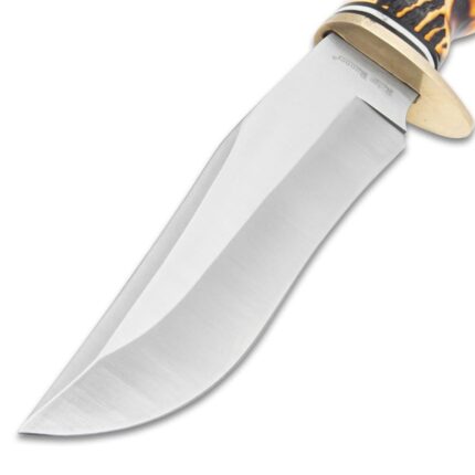 Ridge Runner Game Skinner Knife And Sheath - Stainless Steel Blade, Faux Stag Handle, Brass Half-Guard - Length 9 1/4”