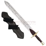 Percy Jackson Anaklusmos Riptide Sword replica with wooden wall display plaque featuring a polished stainless steel blade and engraved details.