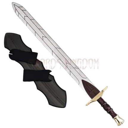 Percy Jackson Anaklusmos Riptide Sword replica with wooden wall display plaque featuring a polished stainless steel blade and engraved details.