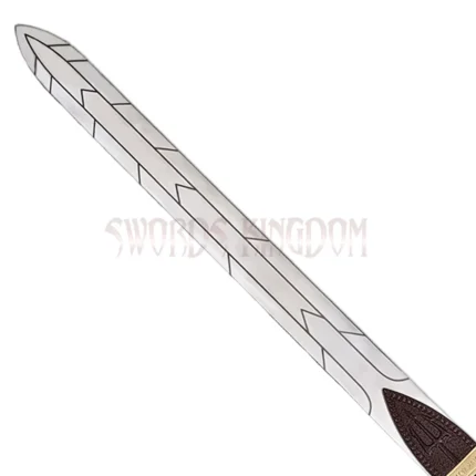 Close-up of the engraved stainless steel blade on the Percy Jackson Anaklusmos Riptide Sword replica showing iconic Greek-inspired markings.