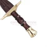 Detailed view of the Percy Jackson Riptide Sword replica crossguard with bronze finish, engraved ricasso, and textured handle.