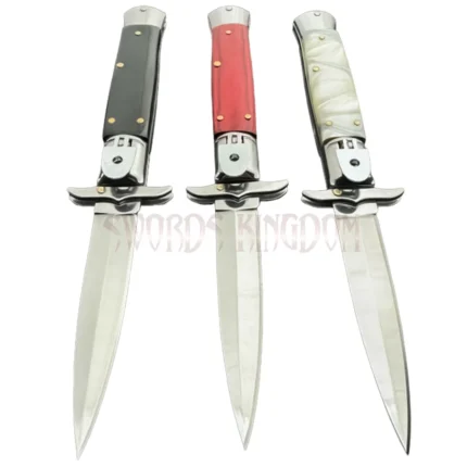 8.5 inch stiletto automatic knife with black, red and white handles