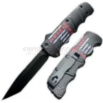 8.75″ Black Trump 2024 American Flag OTF Pocket Knife shown open beside its black patterned handle.