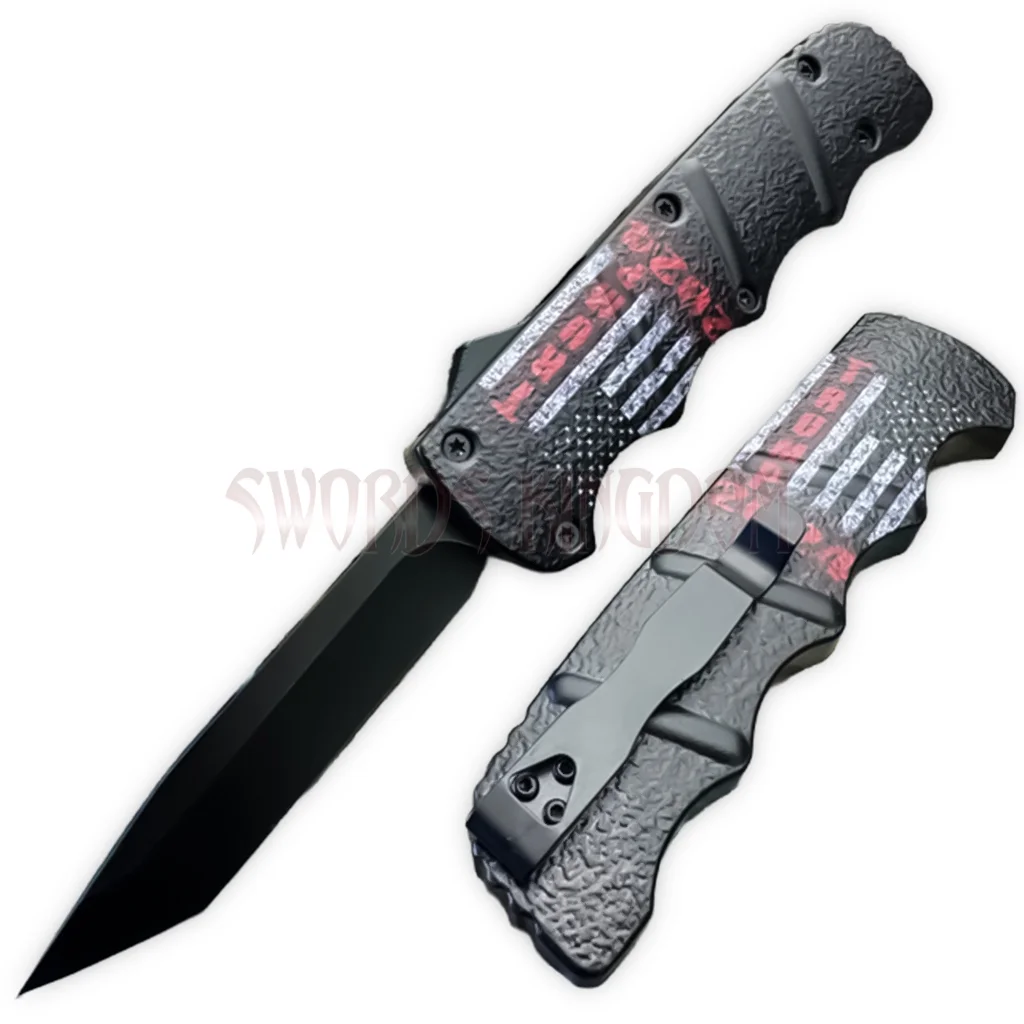8-75-black-trump-2024-american-flag-otf-pocket-knife-open. 8.75″ Black Trump 2024 American Flag OTF Pocket Knife shown open beside its black patterned handle.