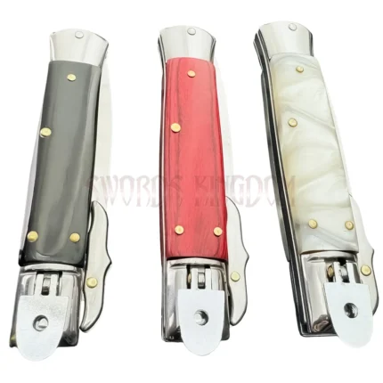 8.5 inch stiletto automatic knife with black, red and white handles