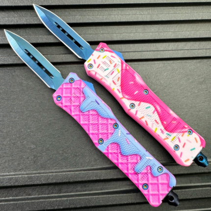 Overall Length- 6.75 inches Closed Length- 4.15 inches Blade Material- coming in black stainless steel coated in blue titanium Blade Style- OTF automatic deployment