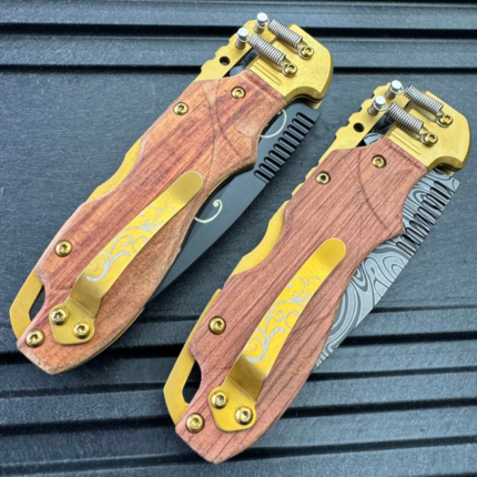 S-TEC Steampunk Spine Lock A:O Folding Knife 3.5 Damascus Steel Blade Wood
