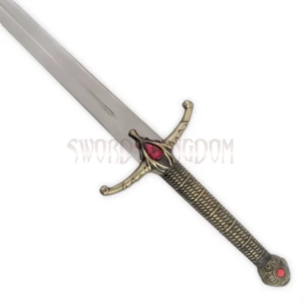 Close-up of the Widow's Wail sword replica showing the detailed crossguard, red jewel accents, and antique-style grip.