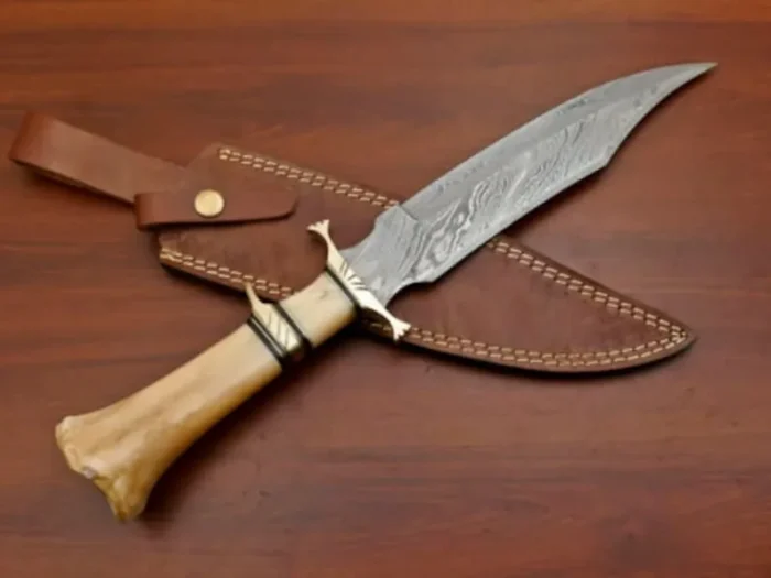 Damascus Camel Bone Bowie Hunting Knife Brass Hilt