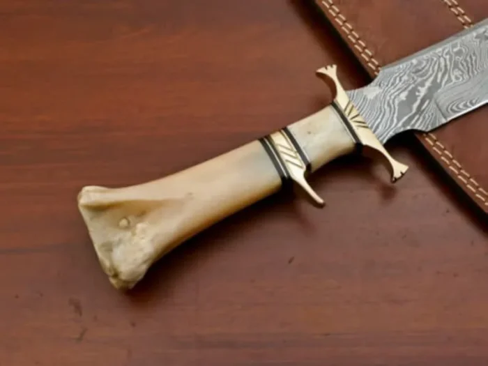 Damascus Camel Bone Bowie Hunting Knife Brass Hilt