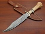 Damascus Camel Bone Bowie Hunting Knife Brass Hilt