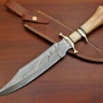 Damascus Camel Bone Bowie Hunting Knife Brass Hilt