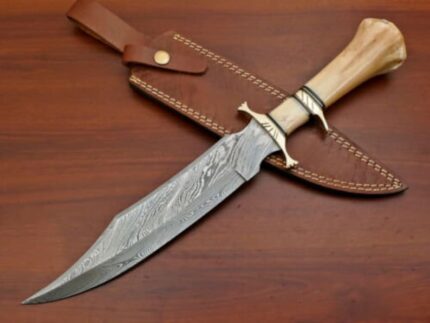 Damascus Camel Bone Bowie Hunting Knife Brass Hilt
