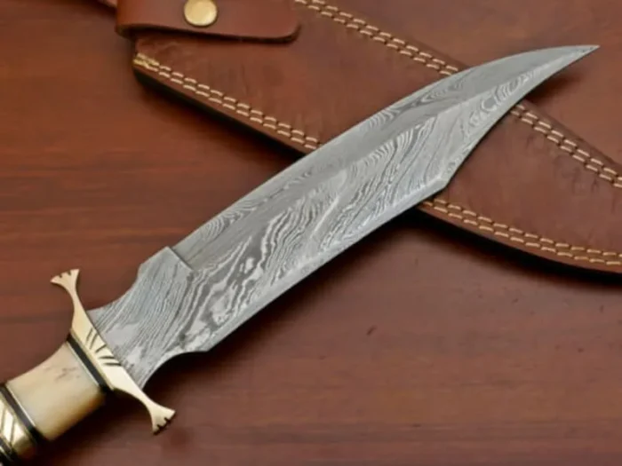 Damascus Camel Bone Bowie Hunting Knife Brass Hilt