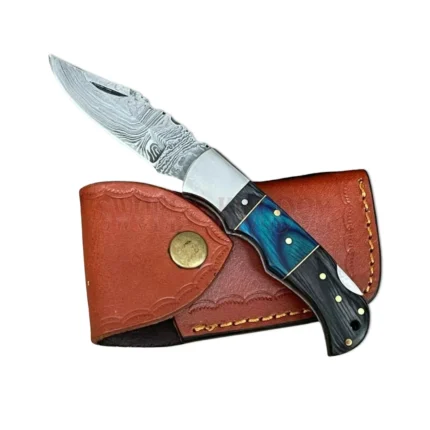 Damascus steel lockback pocket knife with wood handle